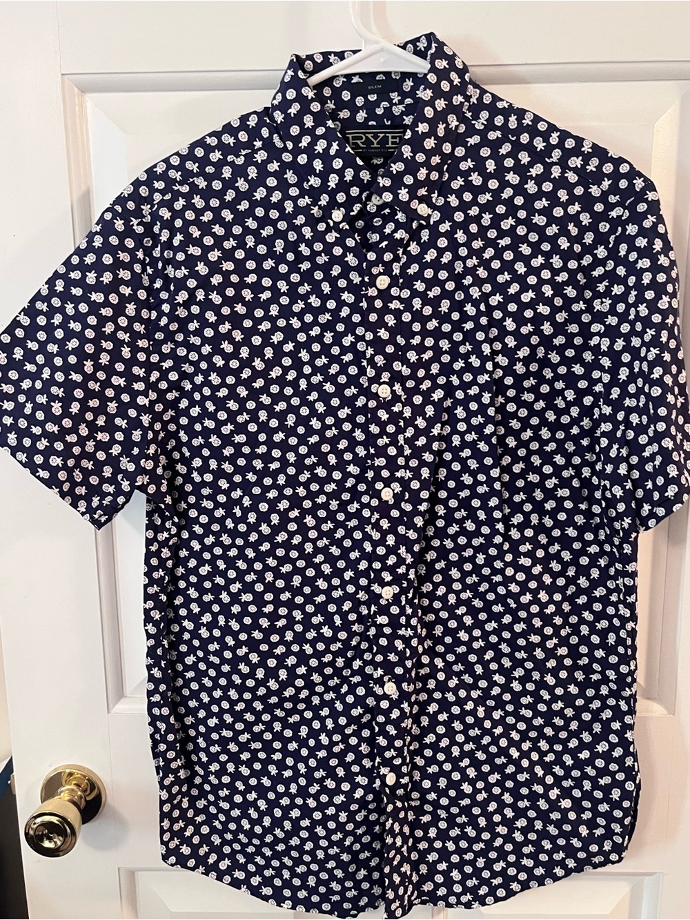 RYE Navy Short-Sleeve Button-Down Shirt with White Floral Dot Print